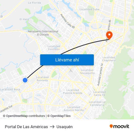 Portal De Las Américas to Usaquén map
