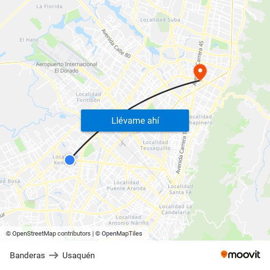 Banderas to Usaquén map