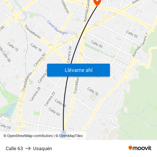 Calle 63 to Usaquén map