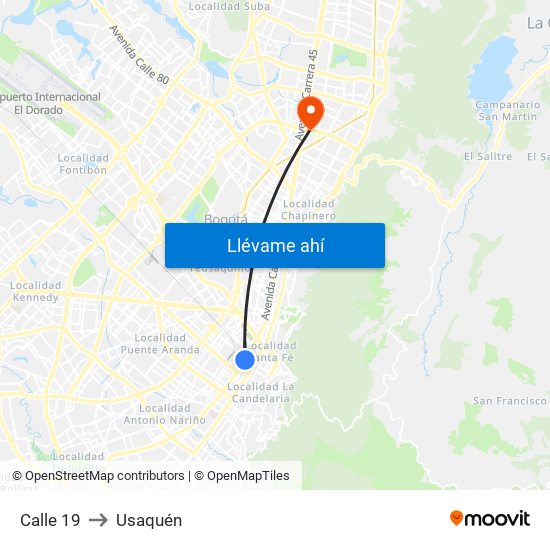 Calle 19 to Usaquén map