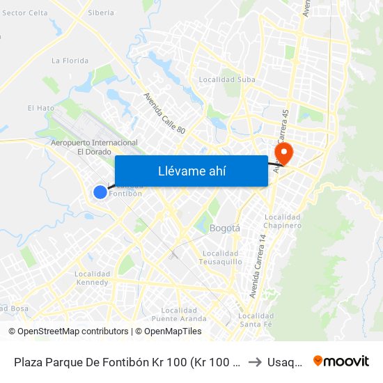 Plaza Parque De Fontibón Kr 100 (Kr 100 - Cl 17a) to Usaquén map