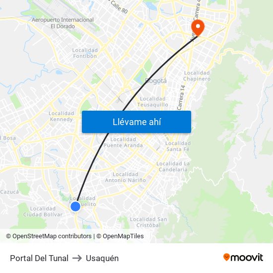 Portal Del Tunal to Usaquén map