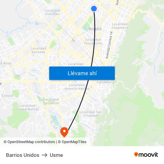 Barrios Unidos to Usme map