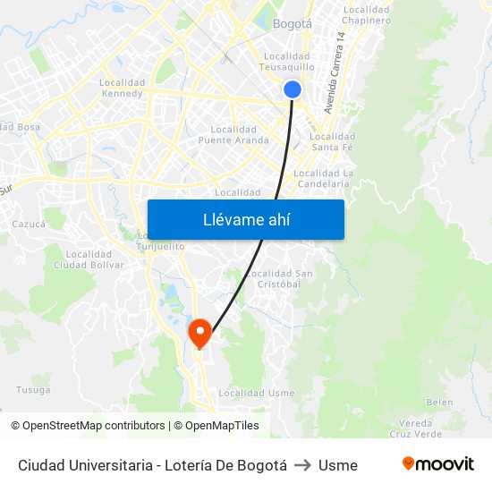 Ciudad Universitaria - Lotería De Bogotá to Usme map