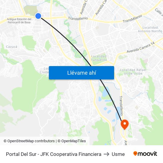 Portal Del Sur - JFK Cooperativa Financiera to Usme map