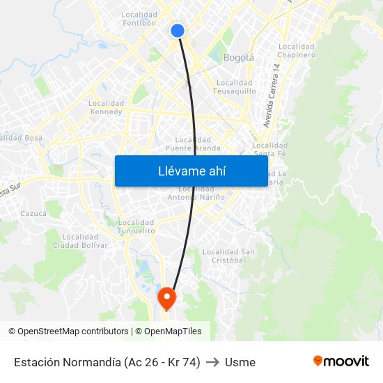 Estación Normandía (Ac 26 - Kr 74) to Usme map