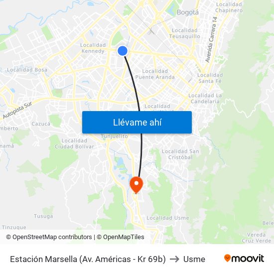 Estación Marsella (Av. Américas - Kr 69b) to Usme map