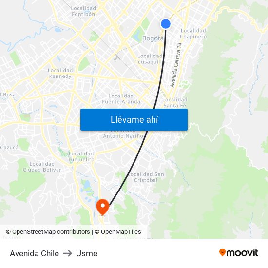 Avenida Chile to Usme map
