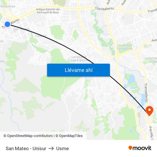 San Mateo - Unisur to Usme map
