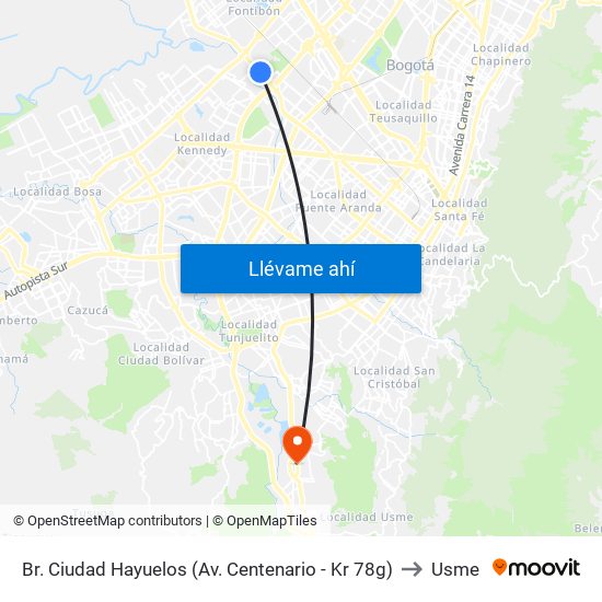Br. Ciudad Hayuelos (Av. Centenario - Kr 78g) to Usme map