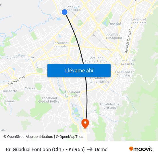 Br. Guadual Fontibón (Cl 17 - Kr 96h) to Usme map