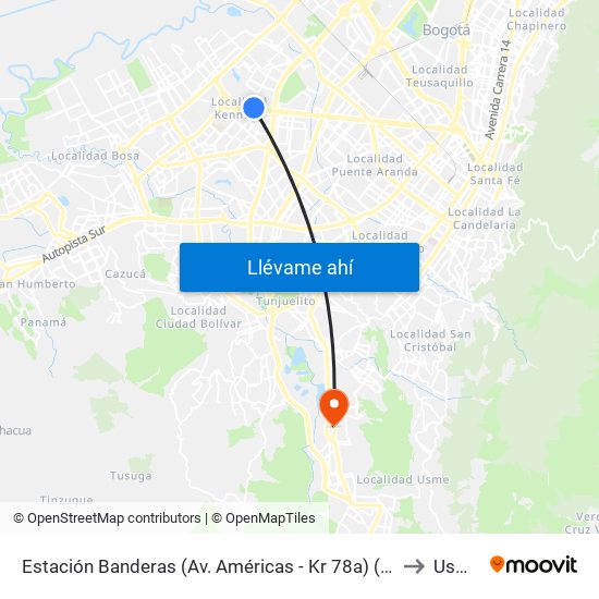 Estación Banderas (Av. Américas - Kr 78a) (A) to Usme map