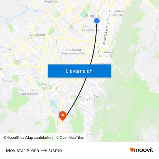 Movistar Arena to Usme map