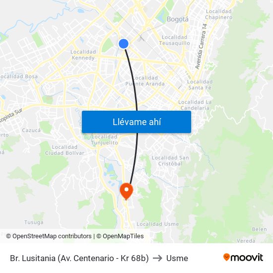 Br. Lusitania (Av. Centenario - Kr 68b) to Usme map