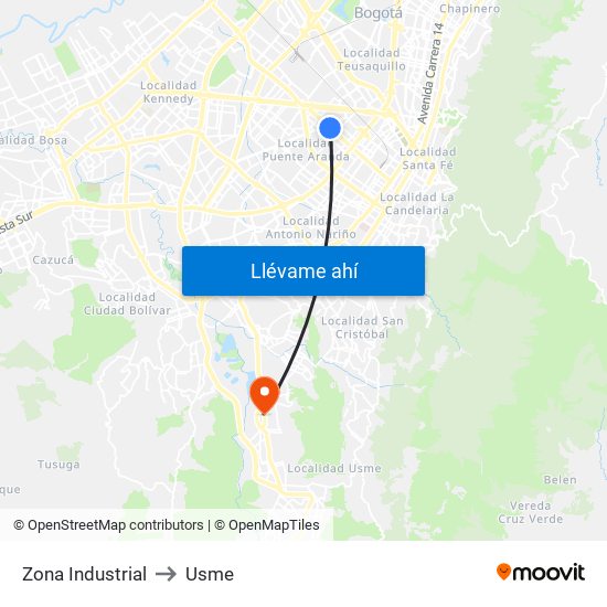 Zona Industrial to Usme map