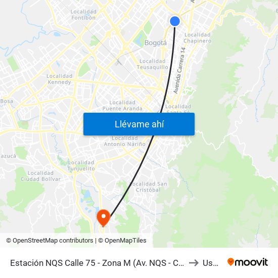 Estación NQS Calle 75 - Zona M (Av. NQS - Cl 75) to Usme map