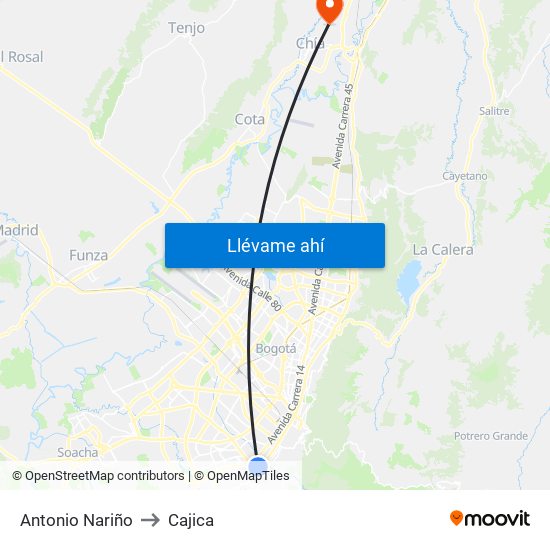 Antonio Nariño to Cajica map