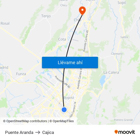 Puente Aranda to Cajica map