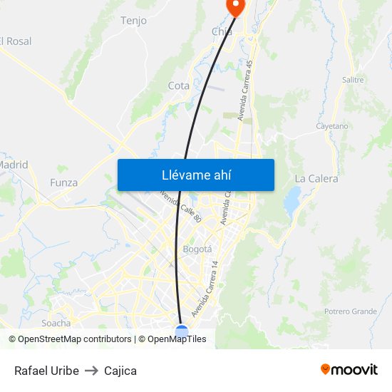 Rafael Uribe to Cajica map