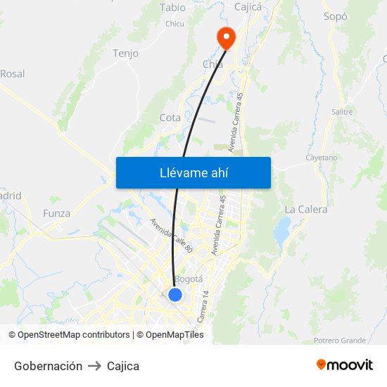 Gobernación to Cajica map