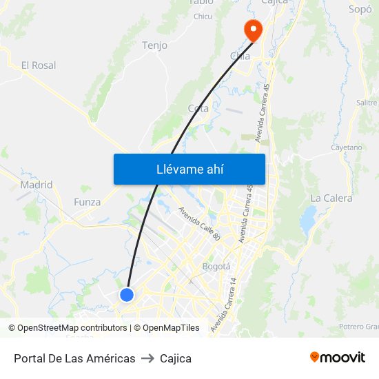 Portal De Las Américas to Cajica map
