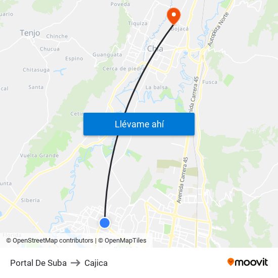 Portal De Suba to Cajica map