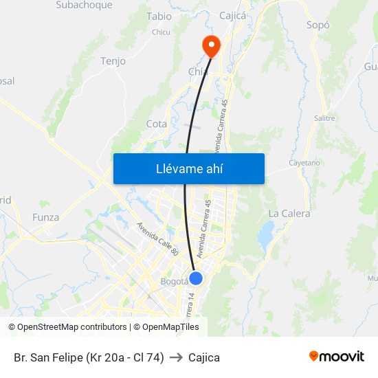 Br. San Felipe (Kr 20a - Cl 74) to Cajica map