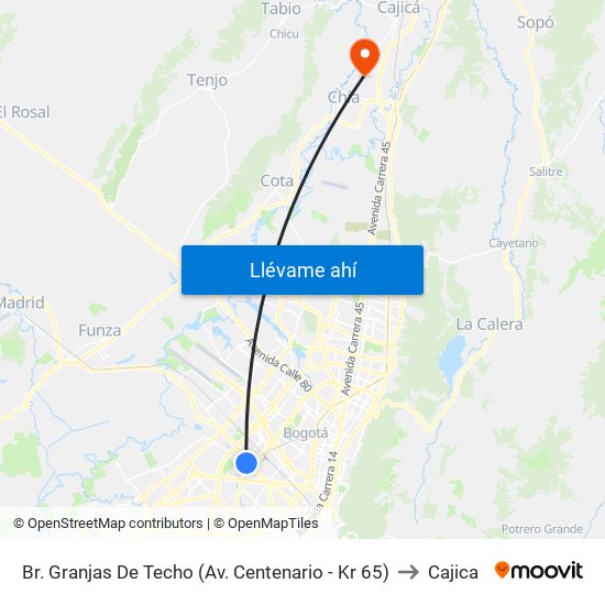 Br. Granjas De Techo (Av. Centenario - Kr 65) to Cajica map