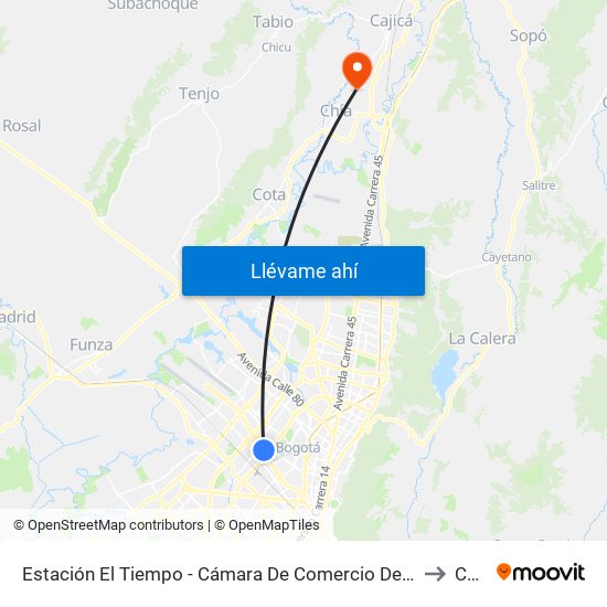 Estación El Tiempo - Cámara De Comercio De Bogotá (Ac 26 - Kr 68b Bis) to Cajica map