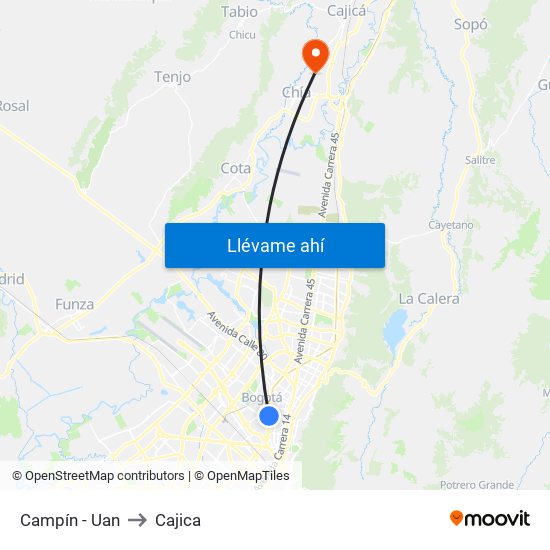 Campín - Uan to Cajica map