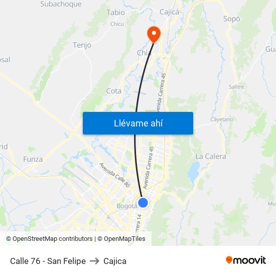 Calle 76 - San Felipe to Cajica map