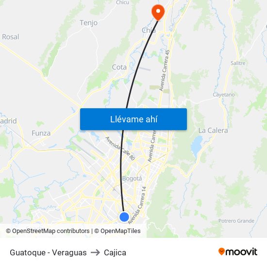 Guatoque - Veraguas to Cajica map
