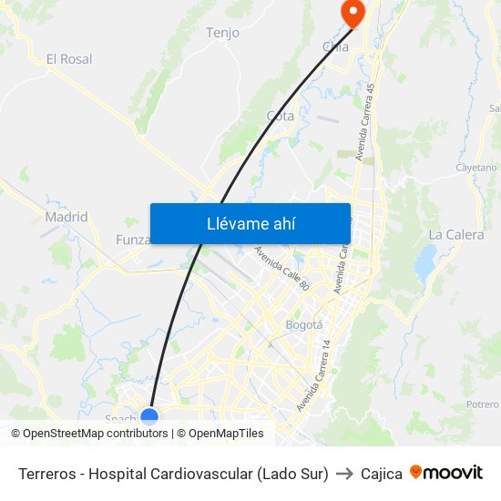 Terreros - Hospital Cardiovascular (Lado Sur) to Cajica map
