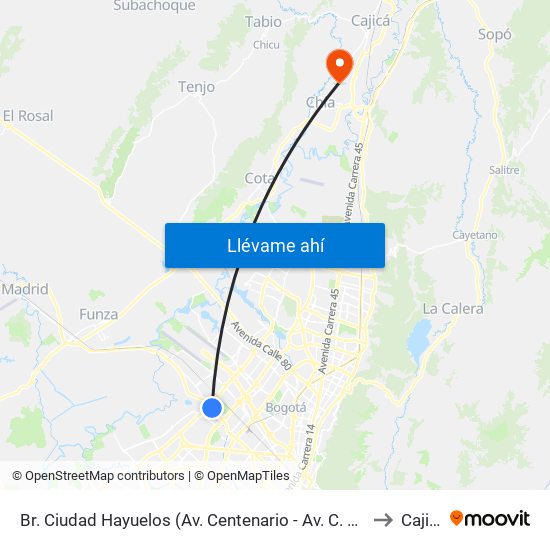 Br. Ciudad Hayuelos (Av. Centenario - Av. C. De Cali) to Cajica map