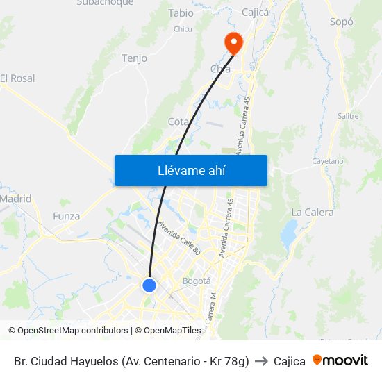 Br. Ciudad Hayuelos (Av. Centenario - Kr 78g) to Cajica map