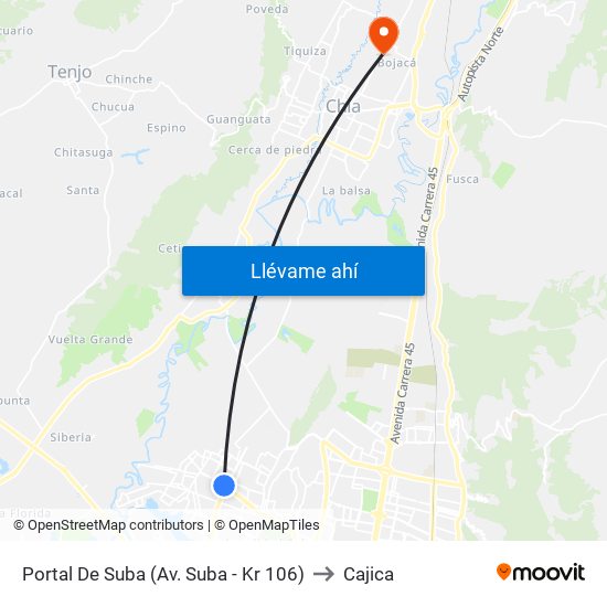 Portal De Suba (Av. Suba - Kr 106) to Cajica map