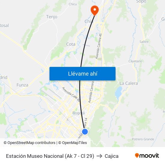 Estación Museo Nacional (Ak 7 - Cl 29) to Cajica map