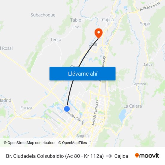 Br. Ciudadela Colsubsidio (Ac 80 - Kr 112a) to Cajica map