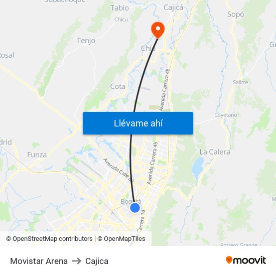 Movistar Arena to Cajica map