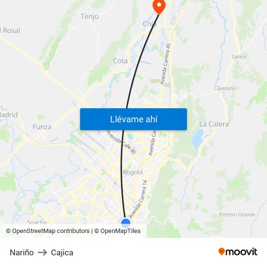 Nariño to Cajica map