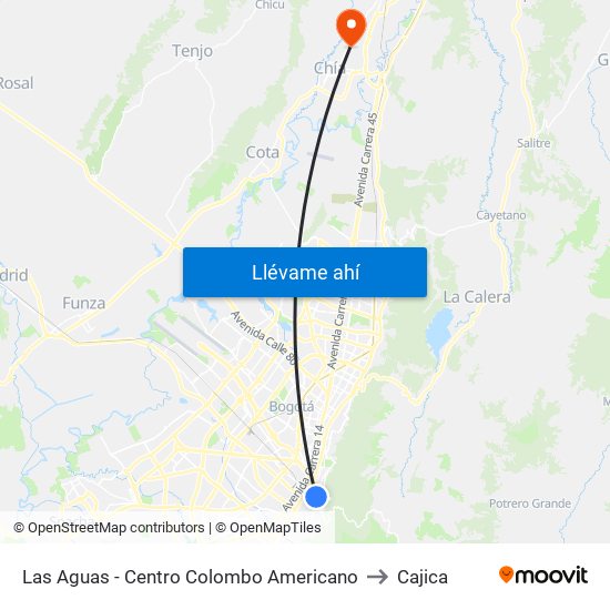 Las Aguas - Centro Colombo Americano to Cajica map