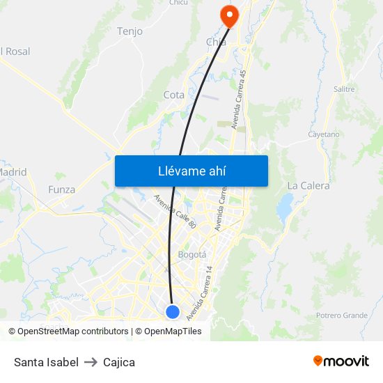 Santa Isabel to Cajica map