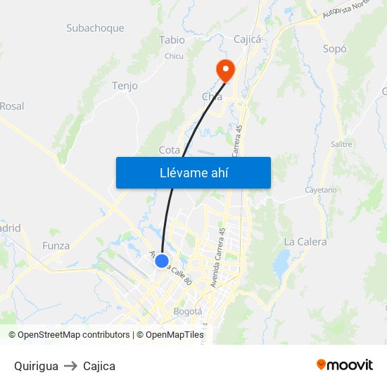 Quirigua to Cajica map