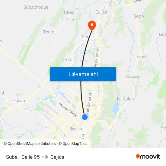 Suba - Calle 95 to Cajica map