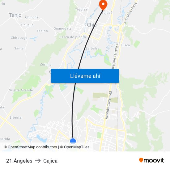 21 Ángeles to Cajica map