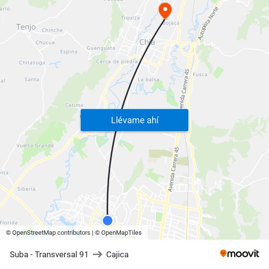 Suba - Transversal 91 to Cajica map