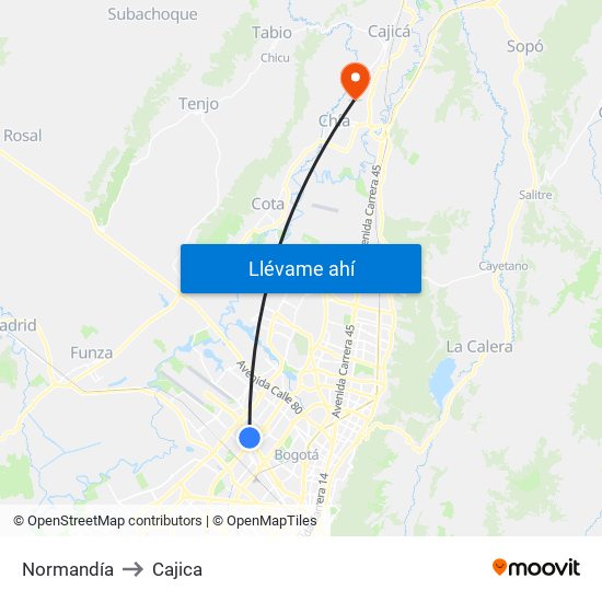 Normandía to Cajica map