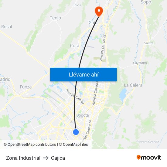 Zona Industrial to Cajica map