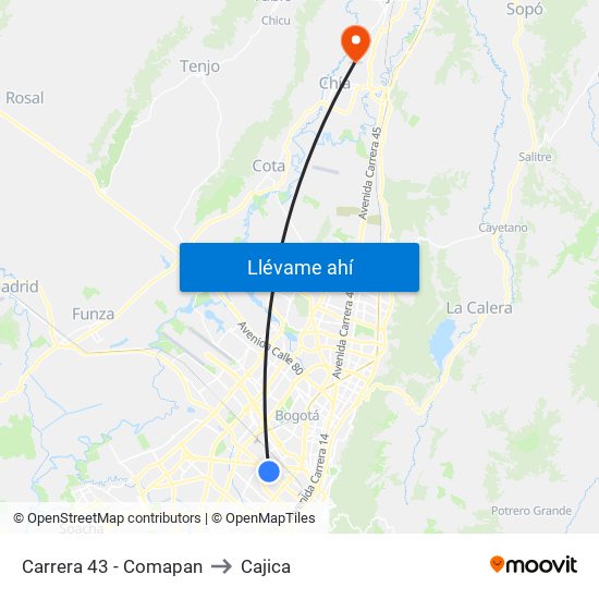 Carrera 43 - Comapan to Cajica map