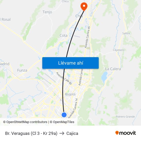 Br. Veraguas (Cl 3 - Kr 29a) to Cajica map